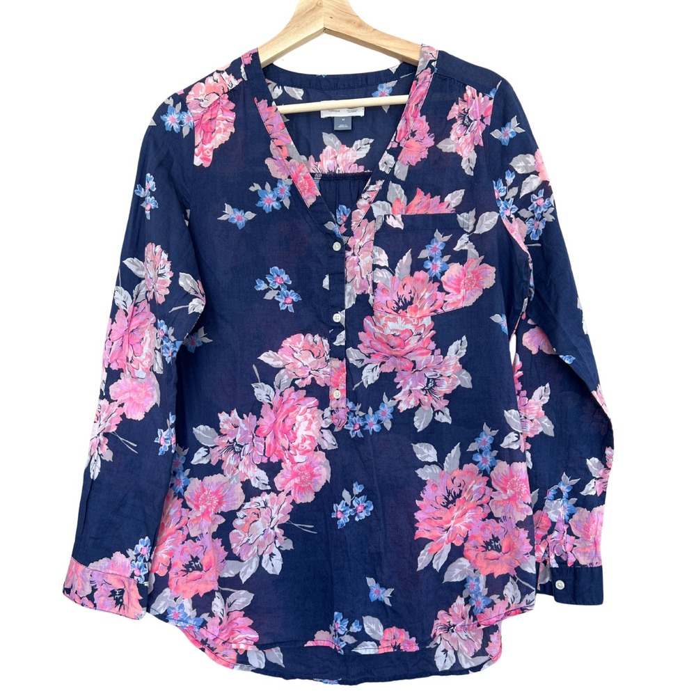 Old Navy Floral Tunic Top Blue M Blouse Long Sleeve Cover Up Resort Wear Cruise‎